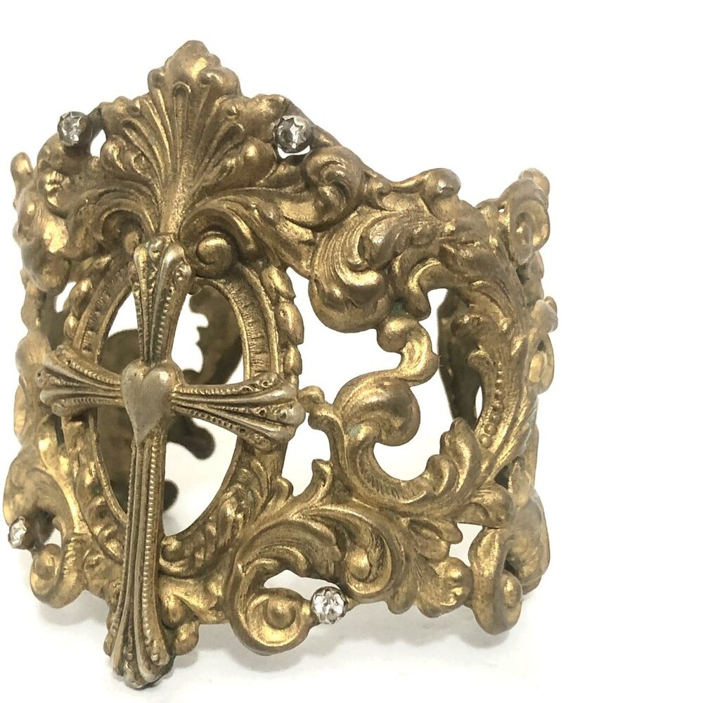 Vintage Wide Cuff Bracelet Virgins Saints & Angels Cross Gold Tone Ornate - Picture 4 of 14